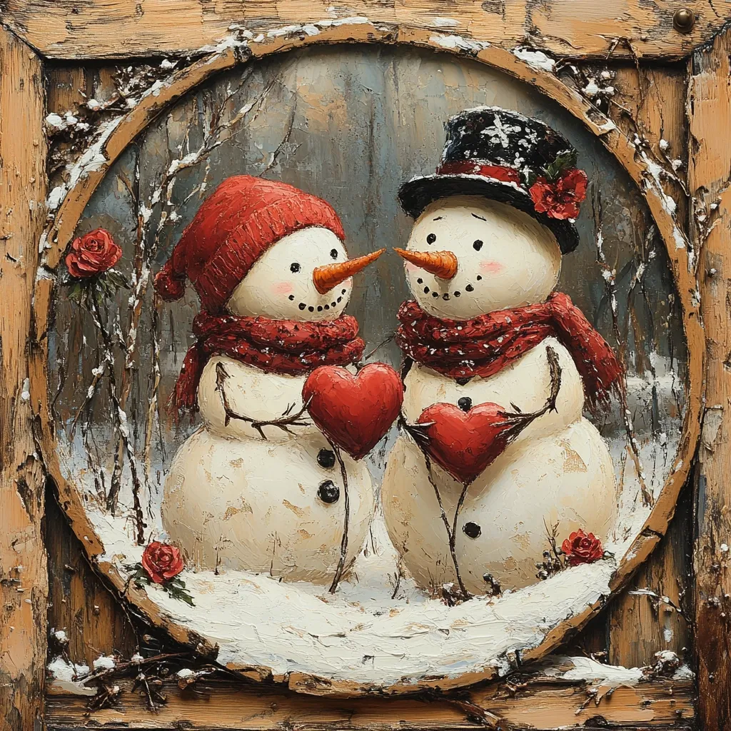 A charming painting depicts two snowmen, a romantic couple, nestled in a snowy winter scene.  The female snowman wears a red knit hat and scarf, while her male counterpart sports a top hat and matching scarf.  They lovingly hold red hearts, symbolizing Valentine's Day or a tender winter romance. The artwork is framed by a rustic wooden border, adding to its cozy, heartwarming aesthetic.  Delicate red roses and winter branches are interspersed throughout the composition, enhancing the overall festive atmosphere. The painting's texture is thick and impasto, giving it a tactile quality.