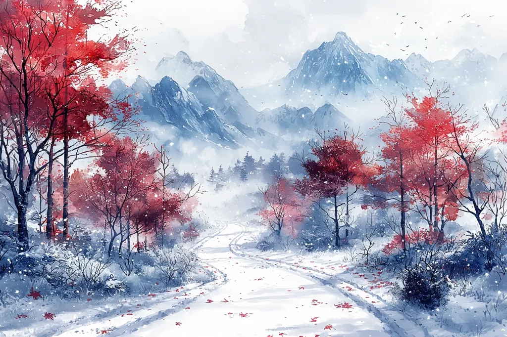 A watercolor painting depicts a snow-covered path winding through a winter landscape.  Crimson-hued trees stand out against the white snow and muted blue-grey mountains in the background.  Light snow falls, creating a soft, ethereal atmosphere. The path shows tire tracks, suggesting a journey through this serene, almost mystical, wintry scene. The overall mood is peaceful and tranquil.