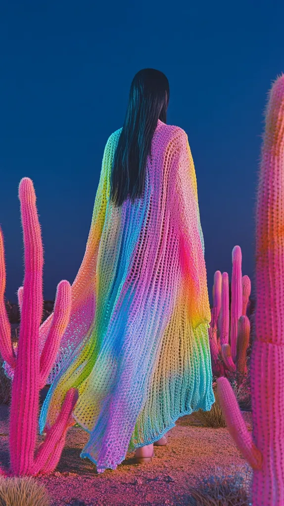 The image shows a person from behind, wearing a long, vibrant, rainbow-colored knitted cardigan.  The garment flows dramatically, almost resembling a cape. The individual has long, dark hair. They stand amidst a surreal desert landscape of brightly colored cacti under a deep blue twilight sky.  The scene is highly stylized, with an emphasis on contrasting colors and textures.