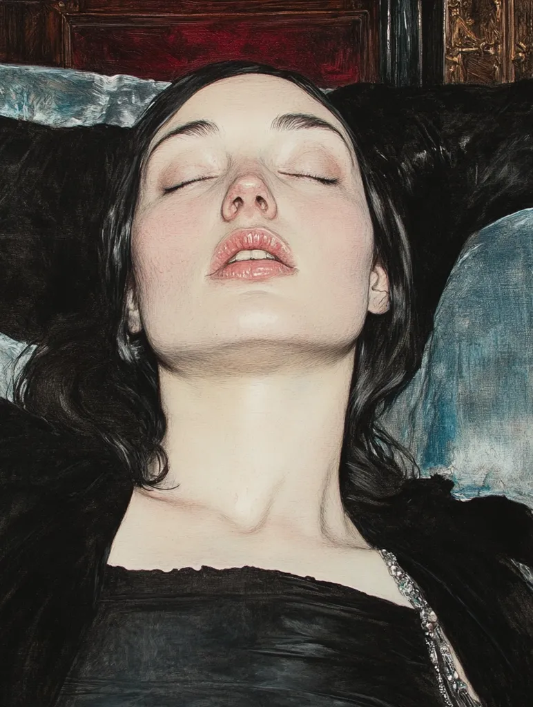 Here's a description of the image:

The artwork depicts a young woman with dark hair lying down, her eyes closed in repose.  She is dressed in a dark, possibly velvet, garment.  Her pale skin contrasts with the deep shadows surrounding her, creating a dramatic effect.  The background features muted blues and a hint of dark wood, suggesting a luxurious, yet somber setting. The artist's meticulous detail is evident in the smooth, realistic rendering of the woman's skin and hair. A delicate necklace is visible on her chest, adding a touch of elegance to the overall mood of serene quietude.