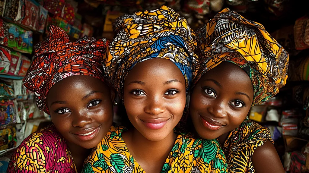 Three young Black women, closely positioned, share a warm, engaging gaze.  Each wears a vibrant, patterned headwrap in rich oranges, yellows, and greens, complementing their colorful clothing. Their dark eyes and radiant smiles convey joy and connection. The background subtly suggests a bustling market environment, with shelves filled with colorful goods partially visible. The image is a striking portrait of beauty, unity, and cultural pride.