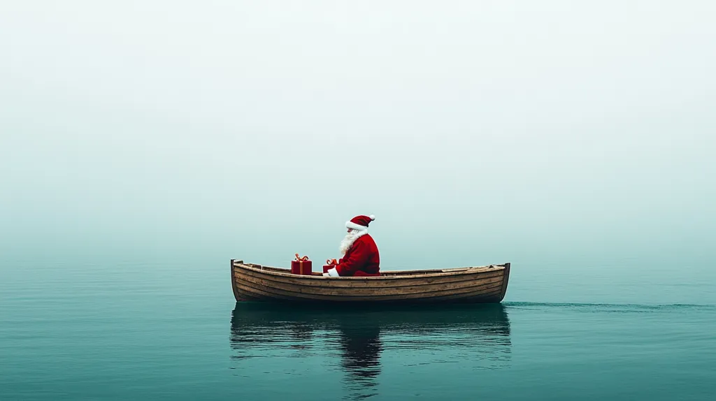 A lone Santa Claus sits in a small wooden rowboat on a calm, misty sea.  He holds a few wrapped presents. The atmosphere is serene and slightly melancholic, with a muted color palette dominated by blues and greys. The fog obscures the horizon, adding to the sense of isolation and mystery. The image evokes a feeling of quiet contemplation or perhaps a journey's end.