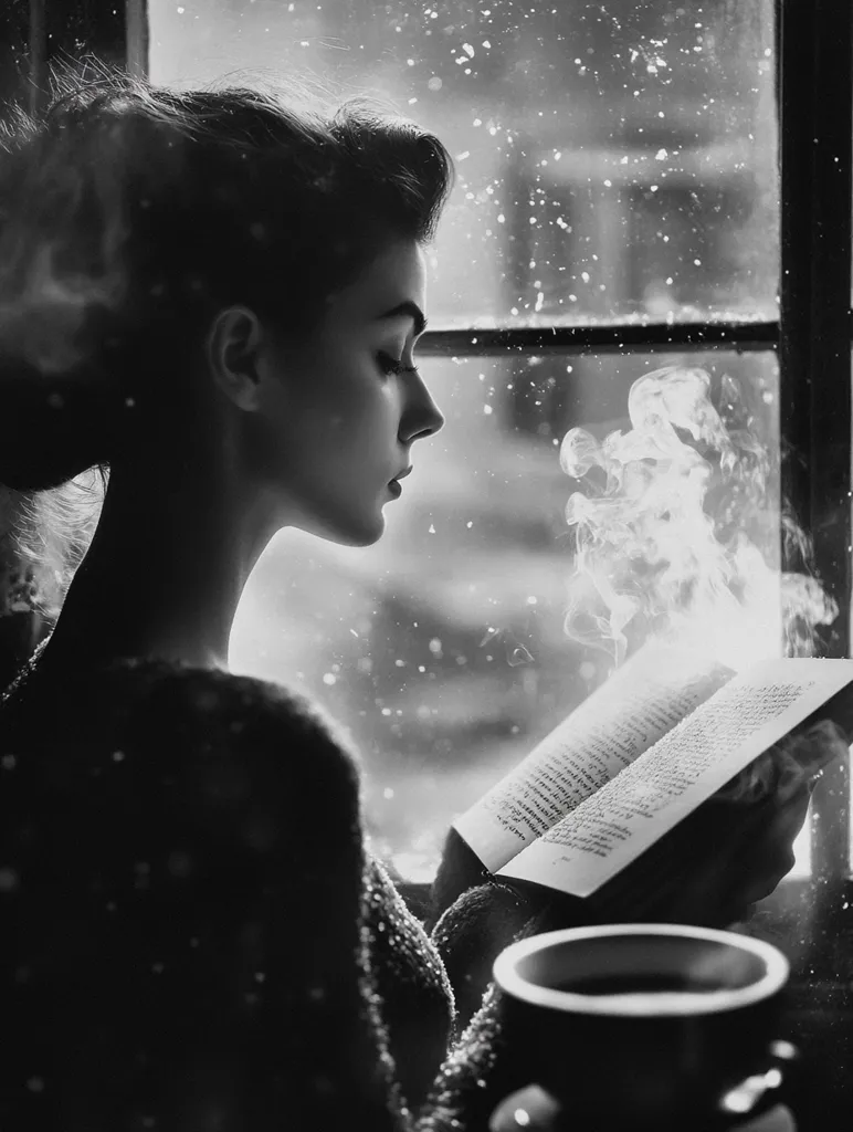 Here's a description of the image:

A black and white photograph captures a woman in profile, seated by a window on a snowy day.  She's engrossed in a book, her expression serene and contemplative.  A mug sits in her hand, suggesting a warm drink.  Smoke curls subtly from the mug or perhaps a nearby source, adding to the atmospheric mood. The scene is intimate and evokes a feeling of quiet solitude and peaceful reading. The contrast between the woman's dark clothing and the bright window creates a striking visual effect.  The overall feel is melancholic yet beautiful.