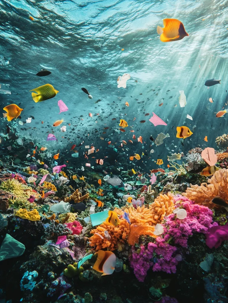 A vibrant coral reef teems with colorful fish, yet is marred by plastic pollution.  Numerous pieces of plastic bags, bottles, and wrappers litter the ocean floor and drift amongst the coral and fish.  Sunlight streams down, illuminating the scene and highlighting the stark contrast between the natural beauty of the reef and the detrimental impact of human waste.  The image serves as a powerful visual representation of ocean pollution.