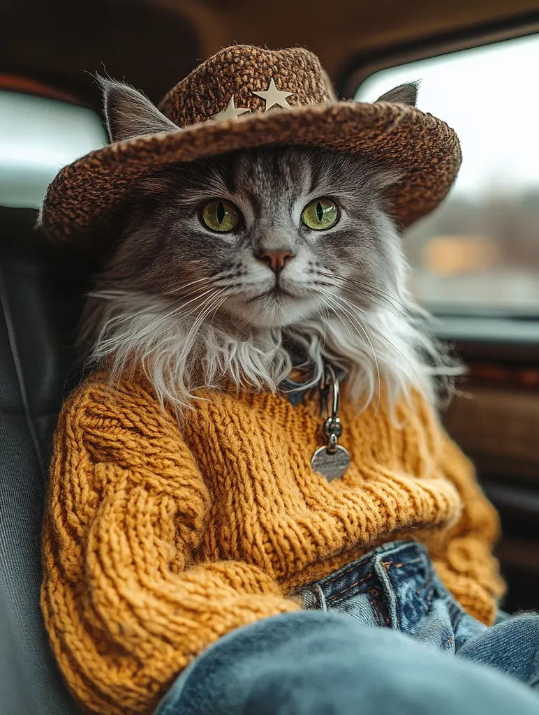 Here's a description of the image:

A grey and white fluffy cat is the focus, dressed in a charming autumnal outfit. It wears a brown cowboy hat adorned with two small stars, a mustard-yellow chunky knit sweater, and blue jeans.  The cat sits in a car seat, its gaze directed slightly off-camera, exuding a serious yet stylish demeanor. The setting suggests a car journey, with a blurred outdoor scene visible through the car window. The overall impression is one of quirky, fashionable pet portraiture.