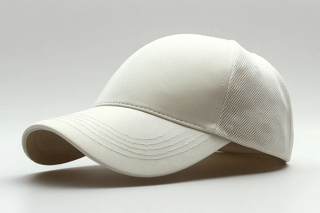 Here's a description of the image:

The image shows a plain, off-white baseball cap angled to the left. The cap is a classic style with a curved brim.  The back portion features a breathable mesh panel, while the front and brim are made of a solid, slightly textured fabric. The stitching is visible, particularly along the brim. The overall impression is one of simplicity and clean design, suitable for branding or casual wear. The cap is well-lit and sharply focused against a plain white background.