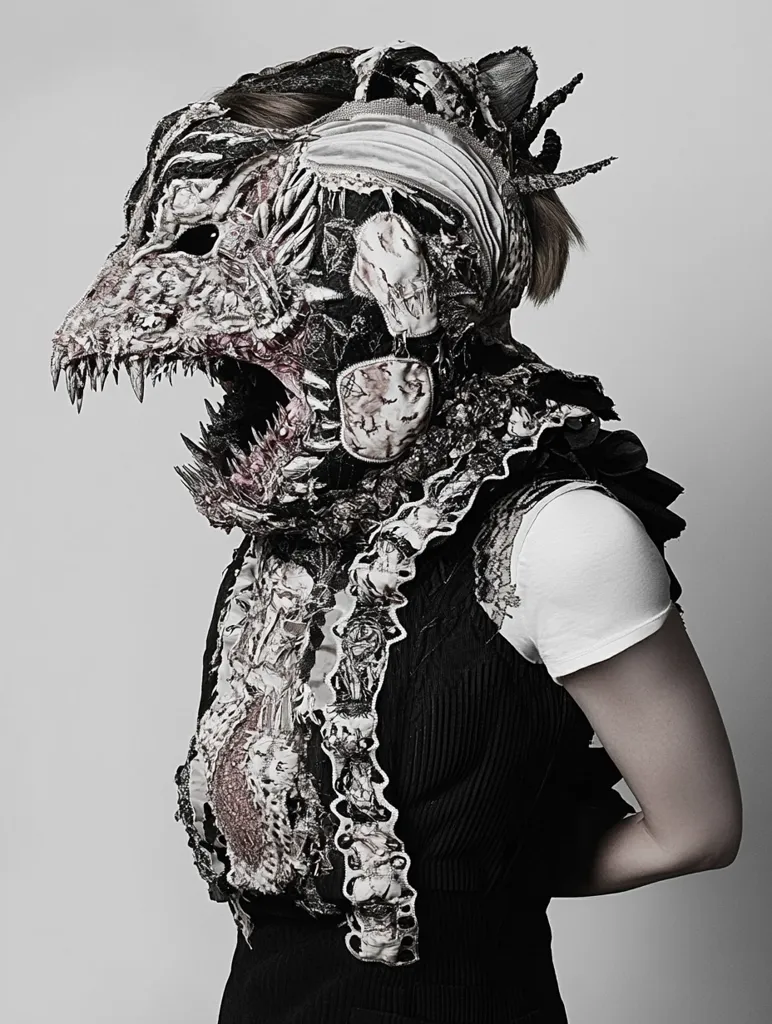 Here's a description of the image:

The photograph showcases a person wearing an elaborate, textured mask and garment. The mask is a striking, monstrous creation, seemingly crafted from layered fabrics and materials, giving it a decaying, skeletal appearance with hints of faded pink.  The open mouth reveals a gaping maw. The accompanying garment, a dark vest or bodice, is similarly textured and adorned with tattered, fragmented fabrics, creating a dramatic, gothic, and somewhat disturbing aesthetic.  The overall effect is one of macabre artistry and imaginative costuming.