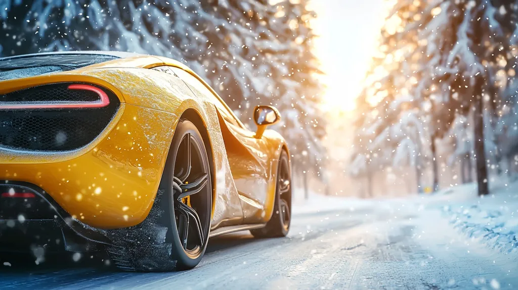 A vibrant yellow sports car, dusted with snow, drives down a snowy road.  The car's rear is prominently featured, showcasing its sleek design and taillights.  The background is a softly blurred winter wonderland of snow-covered pine trees and a sunlit sky.  Snowflakes gently fall, creating a picturesque and serene winter scene. The overall impression is one of luxury and adventure in a wintry setting.