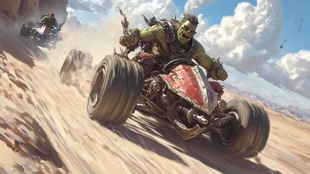 A green-skinned orc, snarling fiercely, pilots a heavily modified, rusty red quad bike across a sandy desert landscape under a partly cloudy sky.  The vehicle is powerful, with large tires kicking up dust. Another, similar vehicle is visible in the distance, suggesting a race or chase.  The scene is dynamic, emphasizing speed and the orc's aggressive nature.  The overall style is fantasy, possibly from a video game or book cover.
