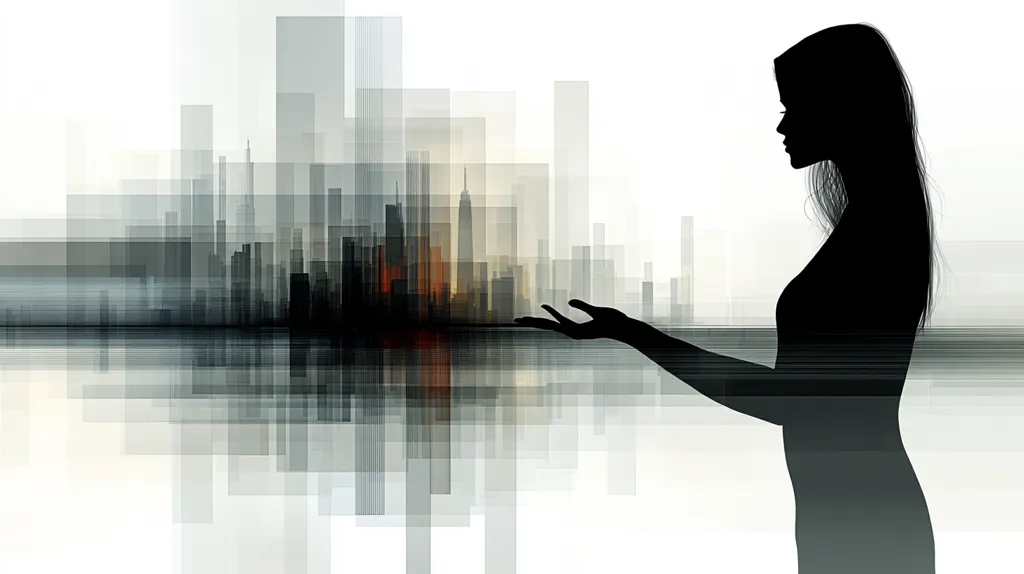 The image is an abstract depiction of a woman and a city.  The woman is silhouetted, her hand outstretched as if presenting or holding a stylized cityscape.  The city is rendered in shades of grey and black, represented by geometric blocks and lines suggesting buildings and skyscrapers.  A reflective quality is shown below the cityscape, creating a mirrored effect. The overall aesthetic is minimalist and suggestive of urban planning, creation, or control.