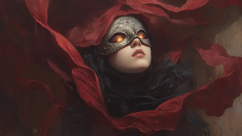 The painting depicts a woman draped in a crimson fabric, her face partially obscured by an ornate silver mask with fiery, glowing eyes. The mask is intricately detailed, contrasting with the darker, almost smoky tones of her clothing.  The overall mood is mysterious and evocative, suggesting a blend of fantasy and intrigue. The artist uses rich, dark colors and soft brushstrokes to create a sense of depth and drama. The woman's expression is serene despite the intensity of the glowing eyes within her mask.