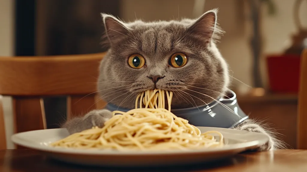 A gray cat, seemingly a British Shorthair, is engrossed in eating a large plate of spaghetti.  Its mouth is full, and its wide, expressive eyes are fixed on the task at hand. The cat wears a small, gray bib or collar. The setting appears to be a dining room, with a wooden chair visible in the background. The overall image is humorous, portraying a cat enjoying a typically human food.