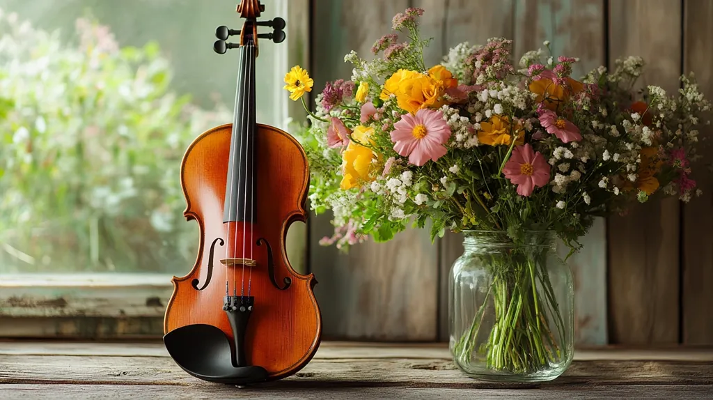 A violin rests on a rustic wooden surface next to a mason jar filled with a vibrant bouquet of wildflowers. The flowers are a mix of yellows, pinks, and whites, creating a cheerful and colorful display.  The background features a weathered wooden wall and a blurred window showing a green landscape. The overall scene is tranquil and evokes a sense of artistic serenity.