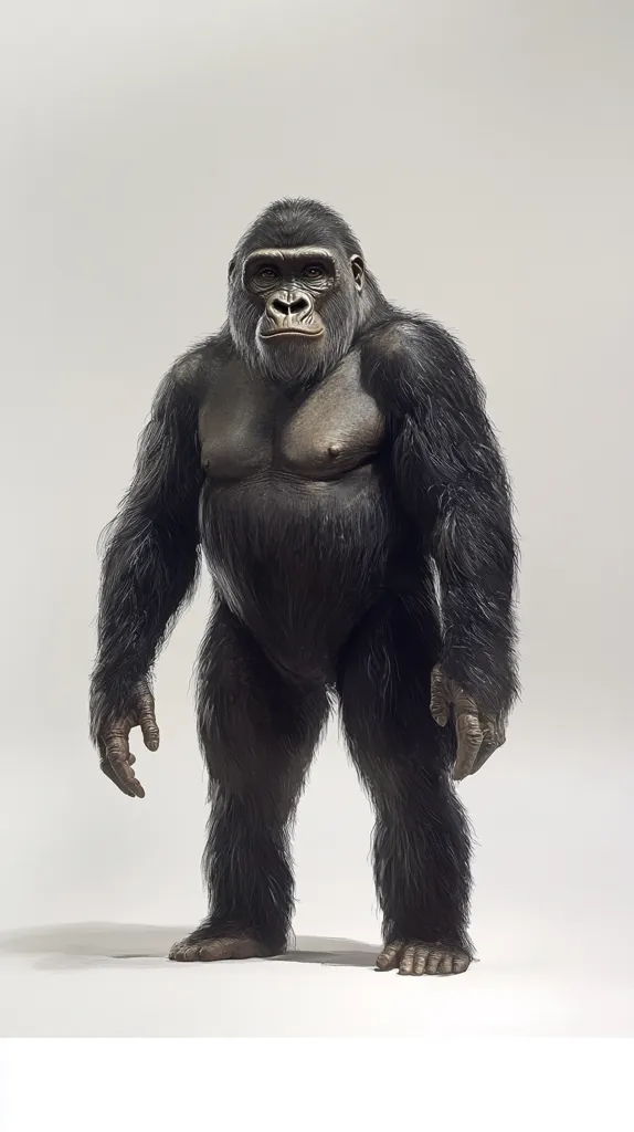 Here's a description of the image:

The photograph shows a full-body view of a gorilla standing against a plain, light gray background.  The gorilla appears to be a male, with a powerfully built physique and thick, dark fur. Its expression is serious and somewhat pensive. The lighting is even, eliminating harsh shadows and showcasing the gorilla's texture and musculature. The image is sharp and detailed, capturing the gorilla's features with precision.  The pose is relaxed yet commanding, conveying a sense of quiet strength.