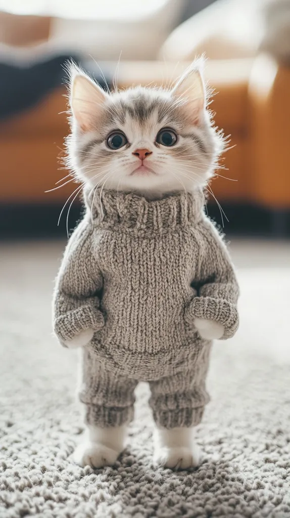 An adorable gray and white kitten stands on a gray carpet, wearing a snug-fitting, light gray knitted sweater.  The kitten's large, expressive eyes and small stature are emphasized by the outfit, making it appear even more charming.  The background is blurred, drawing focus to the tiny, fluffy feline in its miniature sweater. The overall image is heartwarming and evokes feelings of softness and cuteness.