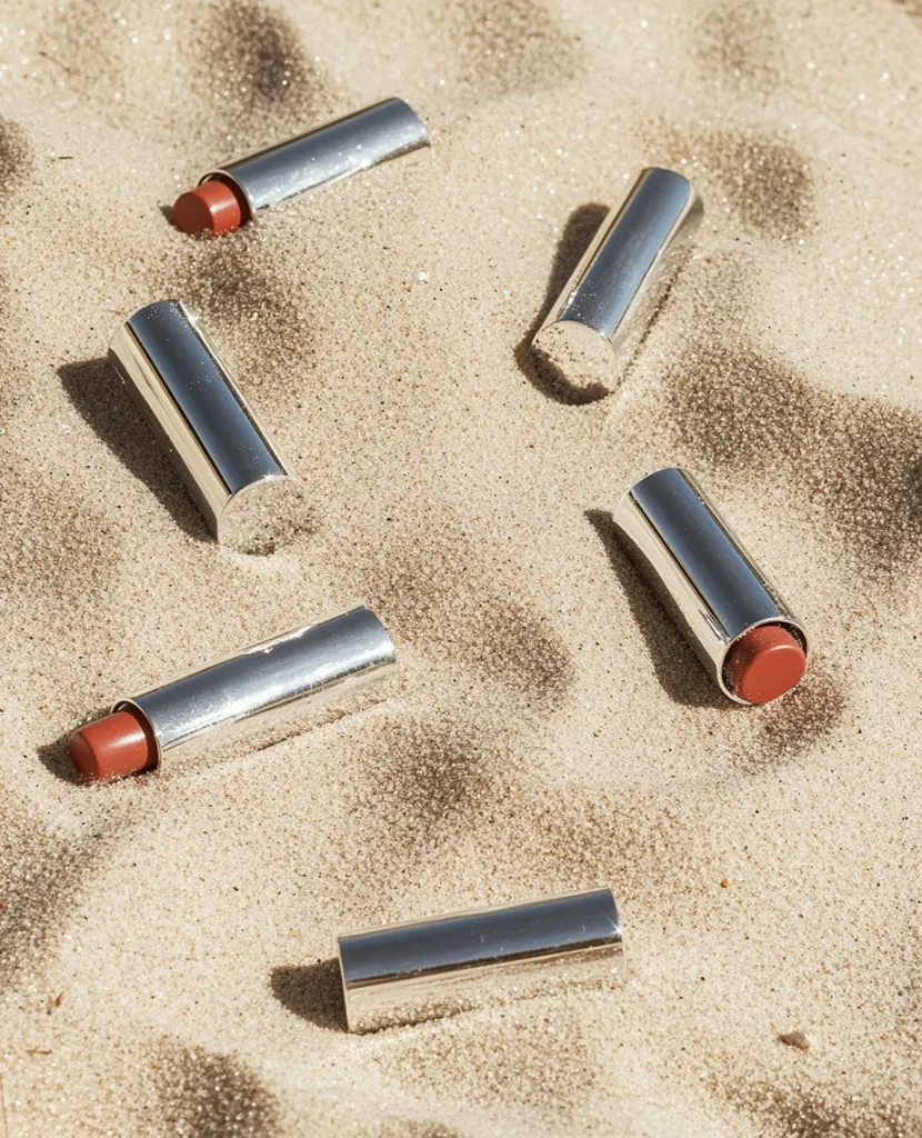 Five metallic silver lipstick tubes are scattered on light beige sand.  Some tubes are open, revealing a muted terracotta-colored lipstick. The sand is textured, and there are small dark patches interspersed throughout. The overall impression is one of casual luxury and summery relaxation. The lighting suggests an outdoor setting, possibly a beach.