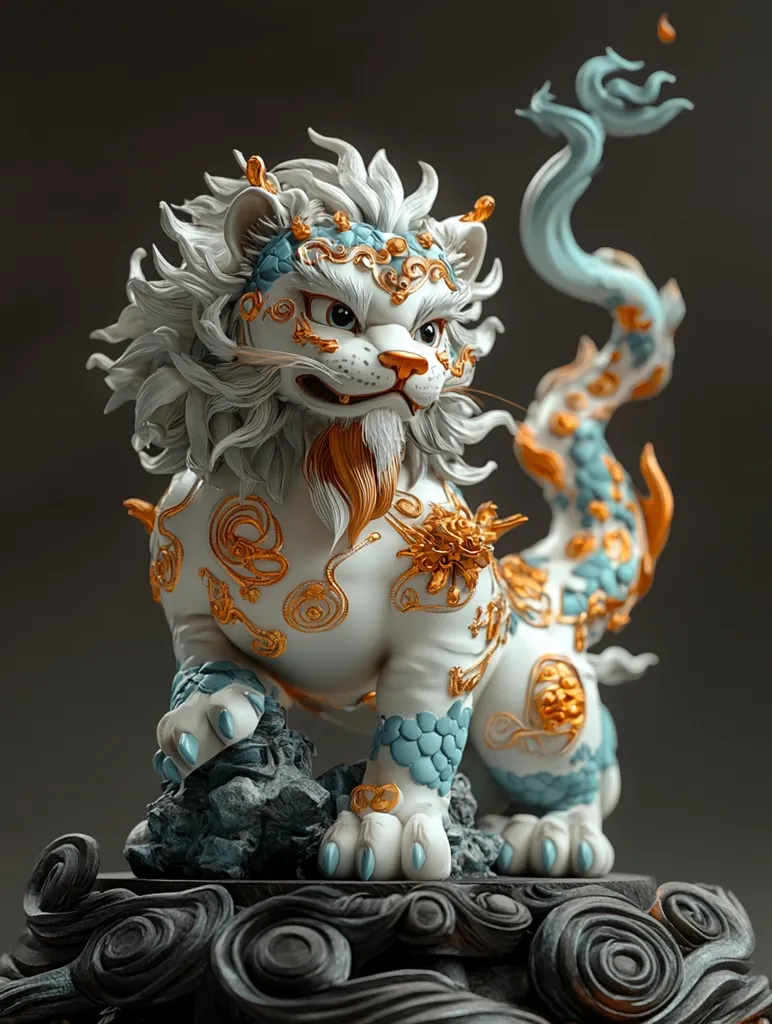 Here's a description of the image:

The image showcases a meticulously crafted statue of a Chinese guardian lion, or Foo Dog.  The lion is predominantly white, adorned with intricate gold and teal detailing.  Its mane is voluminous and stylized, and its body features scales and ornate patterns suggestive of both a lion and a dragon. The lion stands majestically on a dark grey, cloud-like base, adding to its mythical aura.  The level of detail, particularly in the textures and patterns, is striking, suggesting a high level of artistic skill and craftsmanship. The overall aesthetic blends traditional Chinese motifs with a modern, almost fantastical, sensibility.