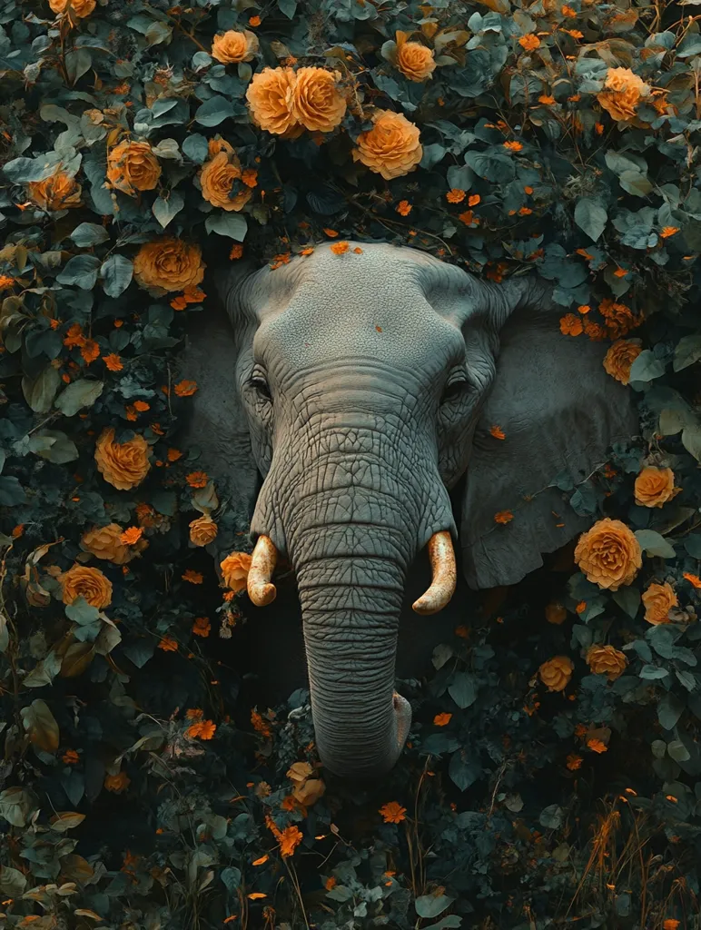 Here's a description of the image:

The image shows the head and trunk of an elephant, its skin textured and grey, emerging from a dense thicket of dark green foliage.  Bright orange roses and smaller orange flowers bloom profusely around the elephant, creating a striking contrast between the animal's muted tones and the vibrant blossoms. The overall mood is serene and slightly surreal, suggesting a hidden, enchanted world. The focus is sharply on the elephant's face, drawing the viewer's attention to its gentle expression.