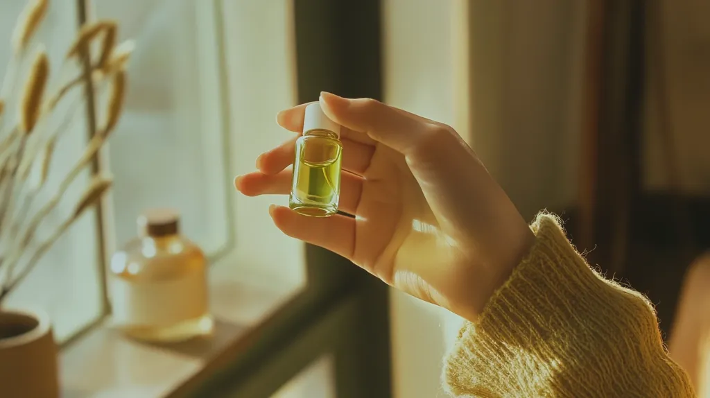 A hand, adorned with a cozy yellow sweater, gently holds a small, clear bottle filled with a vibrant yellow-green liquid.  The bottle, possibly containing essential oil or perfume, is the focal point, bathed in soft sunlight streaming through a nearby window.  Out of focus, dried flowers and a larger amber bottle rest on a windowsill, adding to the tranquil, warm atmosphere of the scene. The overall aesthetic is calm and serene.