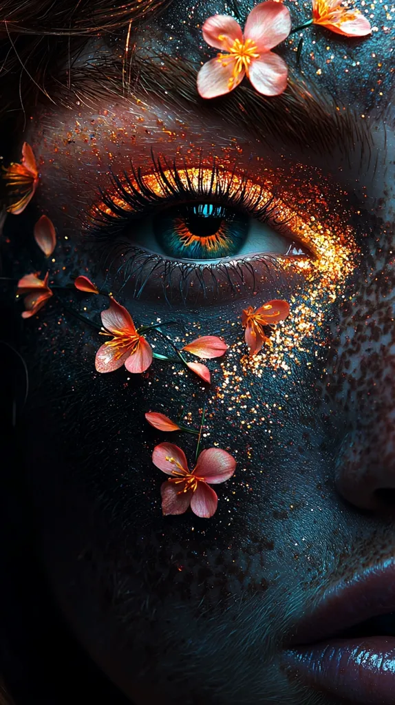 Close-up view of a stylized eye and face. The eye is striking, with teal iris and long, dark lashes, accented by fiery orange eyeshadow and gold glitter.  Delicate, coral-colored flowers are artfully arranged around the eye and cheek, contrasting with the dark, textured skin. The overall effect is a surreal, almost mystical beauty, blending nature and fantasy. The dark background emphasizes the vibrant colors of the makeup and flowers.