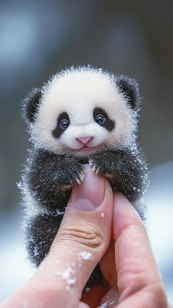 A tiny panda cub, dusted with snow, is gently cradled in a human hand.  Its large, expressive eyes and endearingly small features are accentuated by the soft, fluffy fur.  The background is a soft, blurred icy landscape, emphasizing the cub's delicate form.  The image evokes feelings of warmth, tenderness, and the fragility of nature.