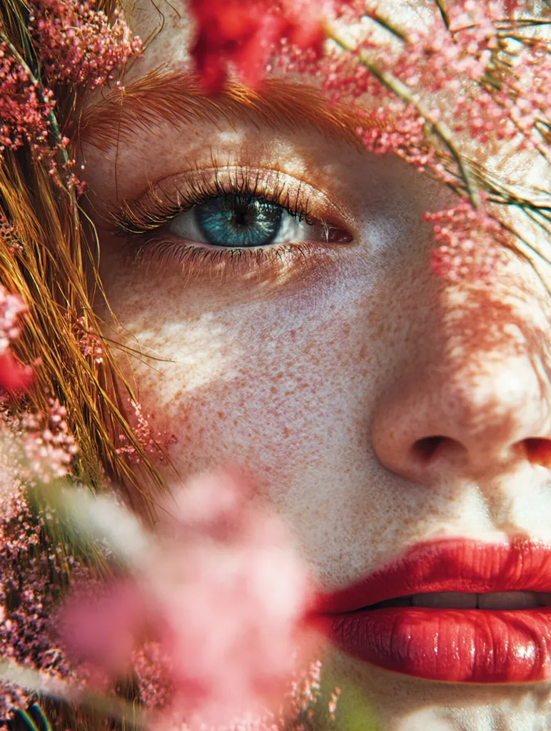 Close-up of a freckled redhead's face partially obscured by delicate pink flowers.  Her bright blue eye is prominent, accentuated by subtle makeup.  The soft sunlight creates a luminous effect on her skin.  The overall mood is ethereal and natural, emphasizing beauty in a candid, unposed manner.  The vibrant red lipstick contrasts beautifully with her pale complexion and the soft pink blossoms.