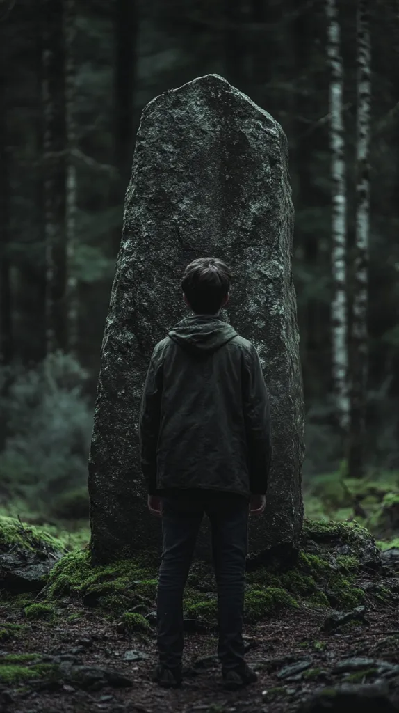 A person, seen from behind, stands before a large, dark grey standing stone in a shadowy forest.  The individual is dressed in dark clothing, a hooded jacket and dark trousers. The stone is moss-covered at its base, nestled amongst the dark green undergrowth. The background is a dense, dark forest, with tall, slender trees. The overall mood is mysterious and somewhat melancholic.