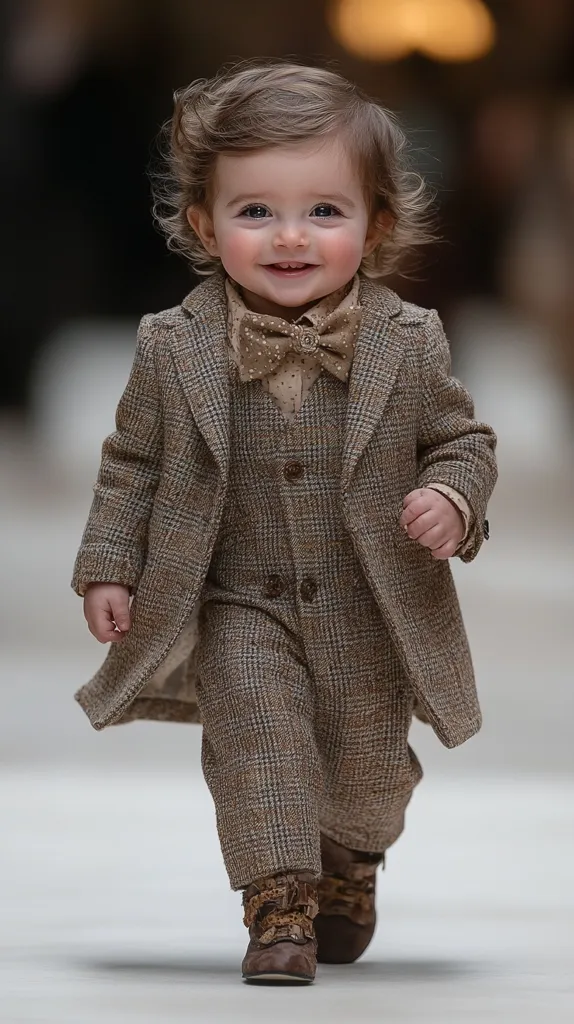 A charming toddler, with light brown, curly hair, beams at the camera.  The child is dressed in a sophisticated, brown tweed three-piece suit, complete with a bow tie.  The outfit is styled with brown ankle boots. The toddler's joyful expression and fashionable attire create a captivating image. The background is blurred, drawing focus to the adorable subject.