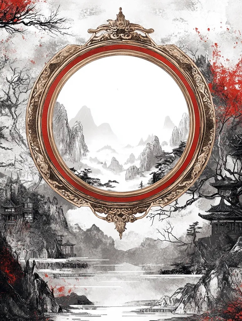 The image is a digitally painted artwork featuring a large, ornate, circular frame reminiscent of a mirror or window.  The frame, in gold and red, displays a serene grayscale ink-wash painting of a classical East Asian landscape within its circle.  This inner scene depicts misty mountains, tranquil water, and traditional buildings nestled amongst the scenery. The frame itself is set against a larger, more dramatic grayscale landscape with bare trees and splashes of red, creating a contrast between the calm interior and the potentially tumultuous exterior. The overall effect is one of serene beauty juxtaposed with a hint of mystery or unease.