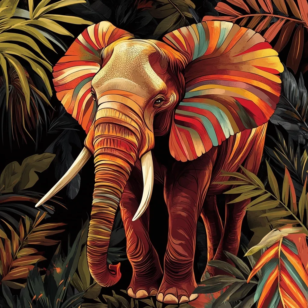 Here's a description of the image:

The image showcases a stylized elephant, predominantly reddish-brown, standing amidst lush, dark tropical foliage.  Its ears are vividly decorated with broad, parallel stripes of warm and cool colors, including oranges, reds, yellows, and teals. The elephant's trunk and legs are similarly detailed with subtle lines suggesting texture and musculature. The background is a rich tapestry of dark green and brown leaves, creating a contrasting backdrop that emphasizes the elephant's vibrant coloring. The overall style suggests a blend of realism and graphic design, resulting in a striking and dramatic image.
