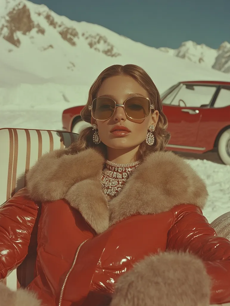 A stylish woman with retro sunglasses and a luxurious fur-trimmed red jacket sits in a striped chair.  Behind her, a classic red car is parked in a snowy, mountainous landscape.  She wears a sparkling necklace and earrings, adding to her glamorous appearance. The overall image evokes a sense of vintage luxury and winter fashion. The sunlit scene suggests a moment of sophisticated leisure against a breathtaking backdrop.