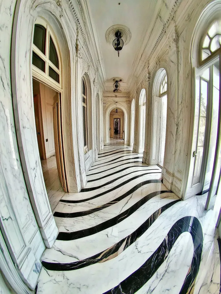A long hallway, bathed in natural light, features a striking black and white marble floor designed in undulating waves.  Tall arched doorways and windows line the walls, which are adorned with ornate, white marble detailing.  The ceiling is high with period light fixtures.  The perspective creates a sense of depth and grandeur, hinting at a palatial or historical building.  The overall impression is one of elegant luxury and timeless design.