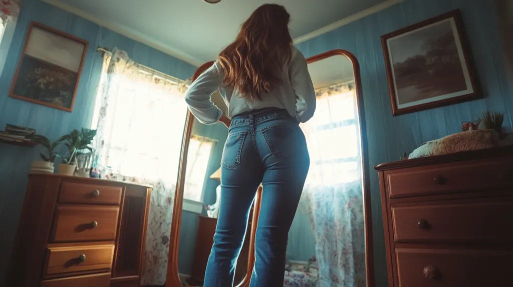 A young woman with long brown hair stands before a full-length mirror in a bedroom with teal walls. She's wearing a white blouse and blue jeans, her back to the camera.  The room is simply furnished with wooden dressers and framed pictures on the walls.  Sunlight streams in through a lace-curtained window, illuminating dust motes in the air. The overall mood is quiet and contemplative.
