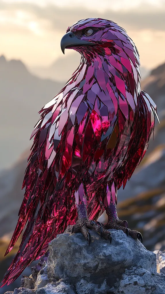 Here's a description of the image:

The image showcases a striking, digitally rendered eagle. Its plumage is composed of numerous, overlapping, dark pink, reflective facets, giving the impression of a metallic, crystalline structure.  The eagle is perched on a dark grey, rough-textured rock, set against a softly blurred mountain backdrop bathed in the warm light of either dawn or dusk. The contrast between the sharp, geometric bird and the soft, natural background emphasizes the artificial nature of the eagle's form. The eagle's gaze is directed to its left, adding to its imposing presence.