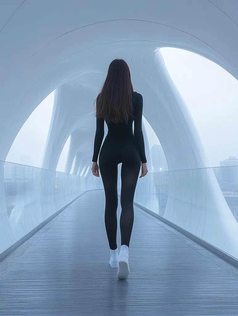 A woman with long brown hair walks away from the camera down a long, modern, white corridor. She is wearing a black bodysuit and white sneakers. The corridor is curved and features glass railings, offering a view of a blurred cityscape in the distance. The overall atmosphere is minimalist and serene, with a futuristic feel.  The scene is bathed in soft, diffused light.