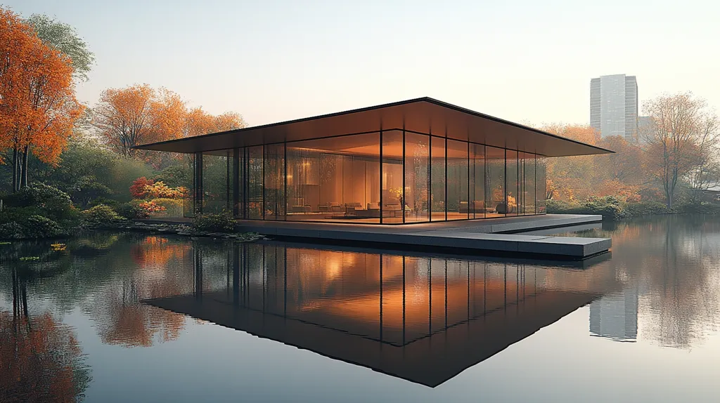 Here's a description of the image:

A modern, glass-walled pavilion sits serenely on a tranquil pond, its reflection mirroring the structure perfectly.  The pavilion is minimalist, featuring a flat, dark roof and large, expansive windows offering a view of a warmly lit interior. Autumnal trees with fiery orange and red leaves surround the pond, creating a picturesque backdrop. A city skyline, barely visible through the fog, hints at an urban proximity. The overall mood is one of calm sophistication and peaceful seclusion.