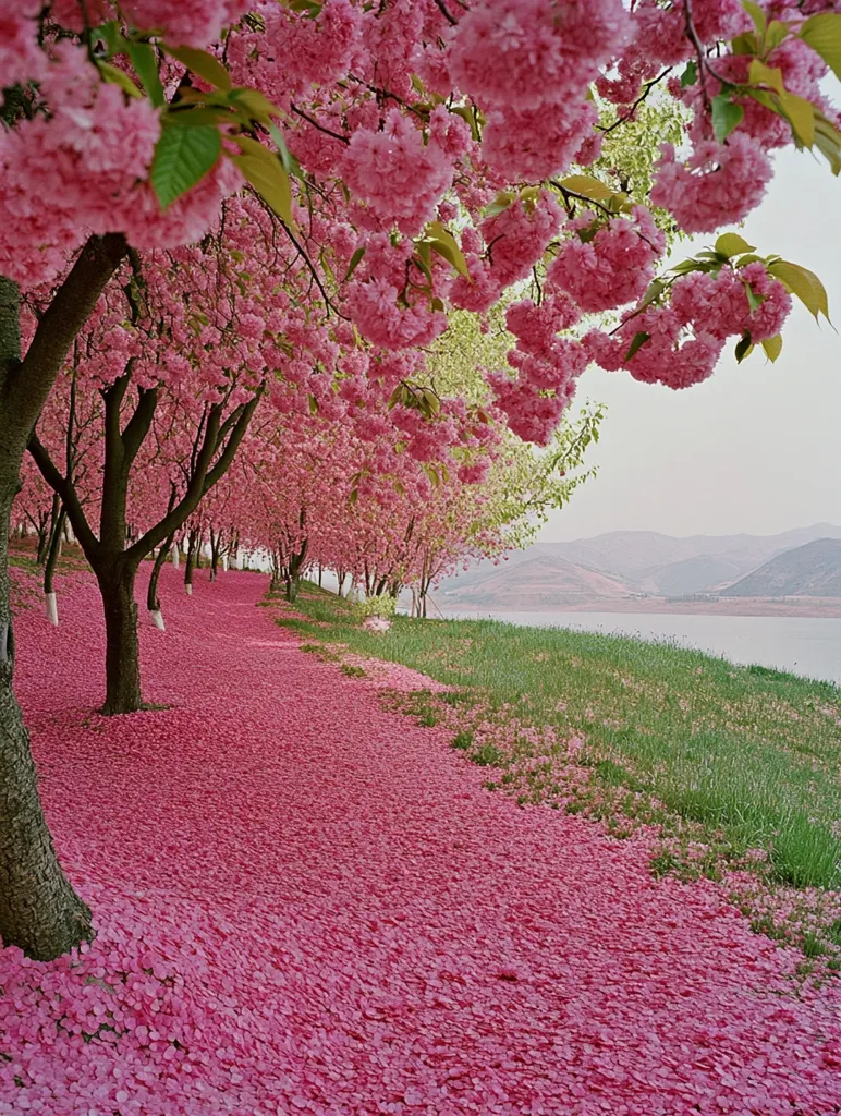 A picturesque path is carpeted in a thick layer of fallen pink cherry blossoms.  Rows of blossoming cherry trees arch overhead, creating a vibrant pink tunnel leading towards a tranquil body of water nestled in a gently rolling landscape. The scene is idyllic, showcasing the beauty of nature in full bloom.  The contrast of the bright pink petals against the green grass and calm water creates a stunning visual effect.