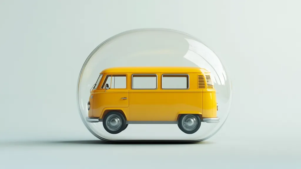 A vibrant yellow vintage van sits securely inside a transparent, spherical glass enclosure against a muted gray backdrop.  The image is clean and minimalist, suggesting themes of protection, preservation, or isolation. The contrast between the bright van and the neutral background emphasizes the vehicle as the focal point. The glass dome creates a sense of both vulnerability and safety.