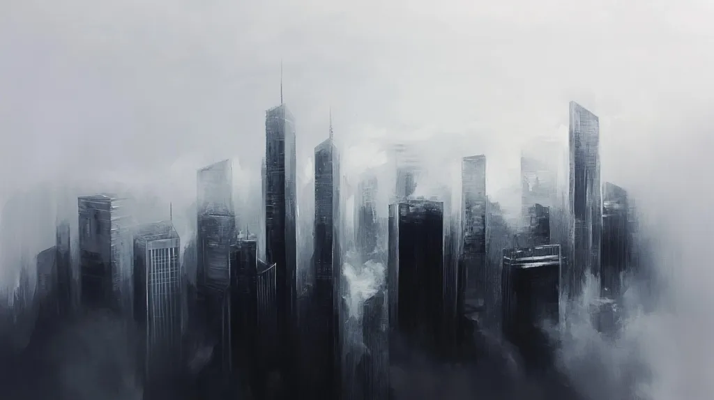 Here is a description of the image:

The painting depicts a cityscape shrouded in a thick, ethereal fog.  Tall skyscrapers, rendered in shades of gray and black, pierce the misty veil. The fog softens the city's hard edges, creating a sense of mystery and depth.  The overall mood is somber and atmospheric, with the monochromatic palette contributing to a feeling of quiet contemplation. The style is impressionistic, prioritizing mood and atmosphere over precise detail. The skyscrapers are vaguely defined, merging with the fog in a blurry, dreamlike way.