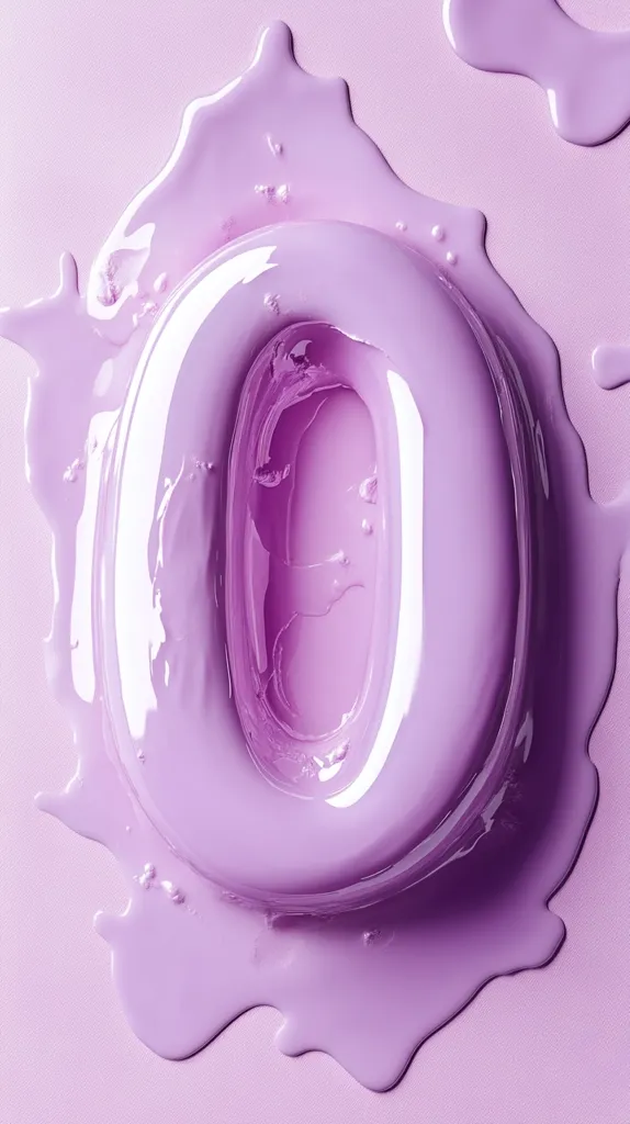 Here's a description of the image:

The image shows a glossy, light purple number zero.  The zero appears to be made of a viscous liquid, like paint or gel,  as it has a slightly irregular, slightly melted shape. It sits atop a spill or puddle of the same material, which spreads across the light purple background in an organic, uneven pattern. The overall effect is one of smooth texture and soft, pastel coloring.  The lighting emphasizes the shine and reflectivity of the liquid.