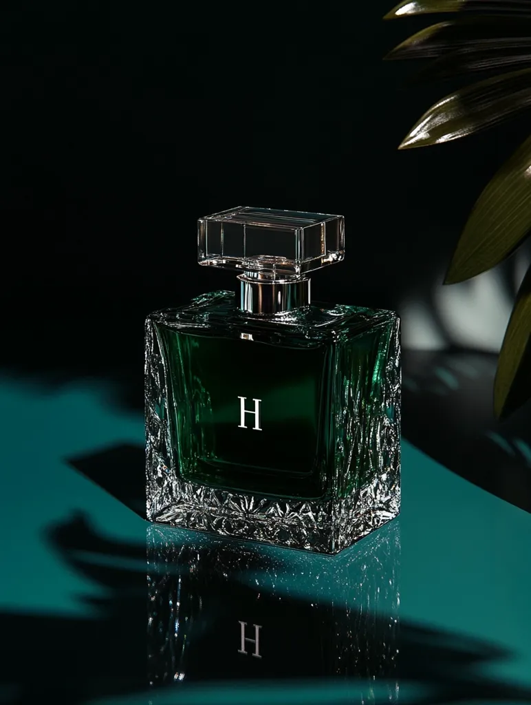 A dark green, intricately cut glass perfume bottle sits on a teal surface. The bottle is rectangular with a clear glass top and a silver cap.  The letter "H" is subtly embossed on the front. The background is dark, with the shadows of tropical leaves casting an elegant, moody feel. The bottle's reflection is visible on the glossy surface, mirroring its luxurious design. The overall aesthetic is sophisticated and minimalist.