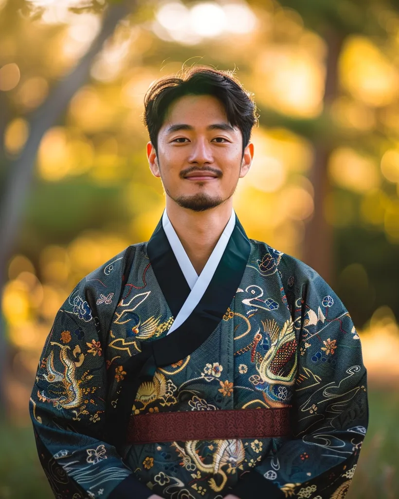 A young man with dark hair styled neatly stands against a blurred background of golden autumn foliage. He is dressed in a richly embroidered dark green Hanbok, a traditional Korean garment, featuring intricate dragon and floral designs.  The Hanbok includes a dark maroon sash at the waist.  He has a calm, pleasant expression and a neatly trimmed beard. The overall image evokes a sense of serenity and traditional Korean culture.