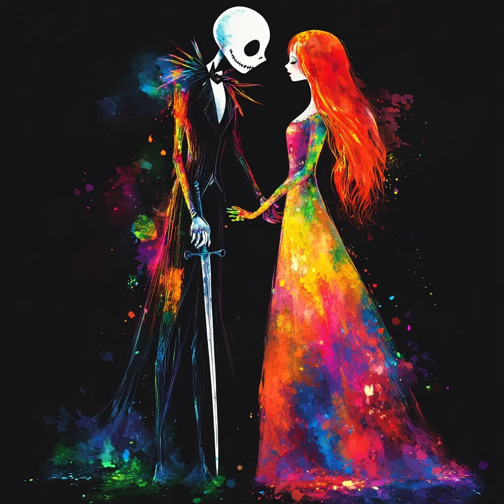 A vibrant watercolor-style artwork depicts Jack Skellington and Sally from "The Nightmare Before Christmas" in an embrace.  Jack, in his signature black attire, holds a sword, while Sally's dress bursts with a rainbow of colors. Their expressions are tender, their hands clasped.  The dark background accentuates the bright, splashy paint effects, creating a romantic yet slightly eerie atmosphere. The piece is a stylized interpretation of the beloved characters, emphasizing their emotional connection.