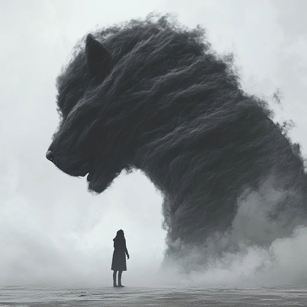 Here is a description of the image:

The monochromatic artwork depicts a solitary woman silhouetted against a massive, dark, smoky beast resembling a wolf.  The creature looms large, its form swirling like a tempest of fur and shadow. The woman, small in comparison, stands facing the beast, appearing both vulnerable and defiant. The scene is set in a desolate, misty landscape, emphasizing the overwhelming size and power of the creature and the woman’s isolated position. The overall mood is one of suspense and impending confrontation.