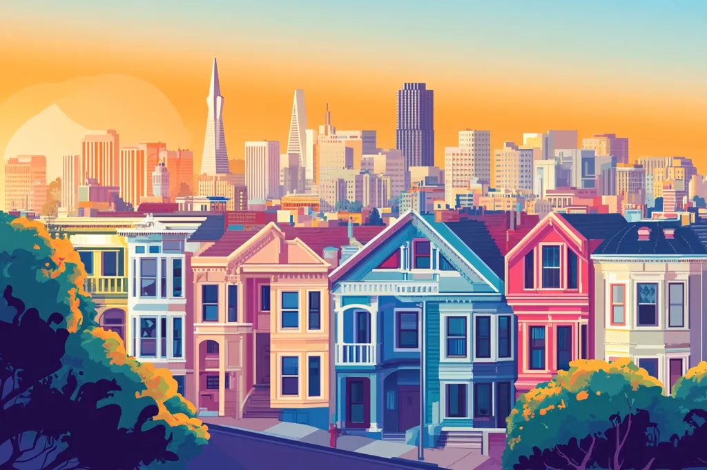 Here's a description of the image:

A vibrant, stylized illustration depicts a San Francisco cityscape at sunset. The foreground features a row of colorful Victorian-style houses, painted in shades of pastel pink, peach, teal, and cream, characteristic of the city's architecture. These houses sit on a gently sloping street, framed by lush green trees. In the background, the San Francisco skyline rises, including iconic structures like the Transamerica Pyramid, visible against a warm orange sky. The overall style is clean, graphic, and slightly whimsical, giving a cheerful and picturesque view of the city.