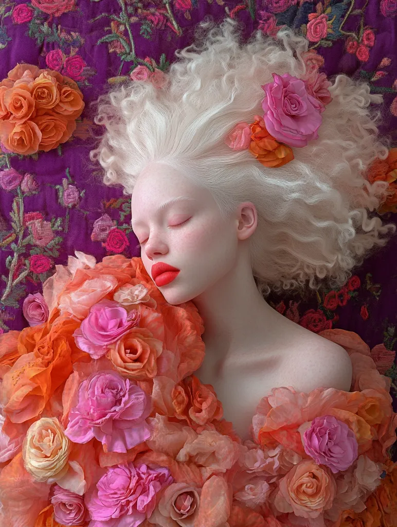 Here's a description of the image:

A young woman with striking albino features and a voluminous, fluffy white hairstyle lies serenely amidst a profusion of vibrant orange and pink roses. Her eyes are closed, and her lips are painted a bold red, contrasting beautifully with her pale skin.  The flowers, seemingly crafted from delicate petals, cascade around her shoulders and neck, creating a lush, floral frame against a dark purple background patterned with smaller, embroidered blooms. The overall effect is one of ethereal beauty and delicate fragility.