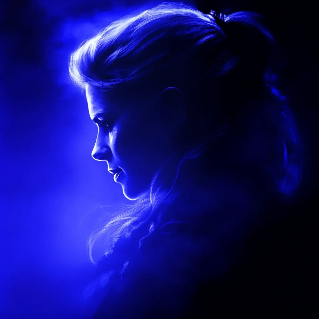 Here's a description of the image:

The image is a stylized portrait of a woman, bathed in a vibrant, electric blue light.  Her profile is shown, her hair pulled back in a ponytail, partially obscuring her right shoulder and neck. The lighting creates a dramatic, almost ethereal effect, emphasizing the contours of her face and hair.  The background is dark, allowing the blue light to dominate the scene, making the woman the focal point.  The overall mood is mysterious and somewhat melancholic. The image has a painterly, almost otherworldly quality due to the soft focus and the luminous blue hue.