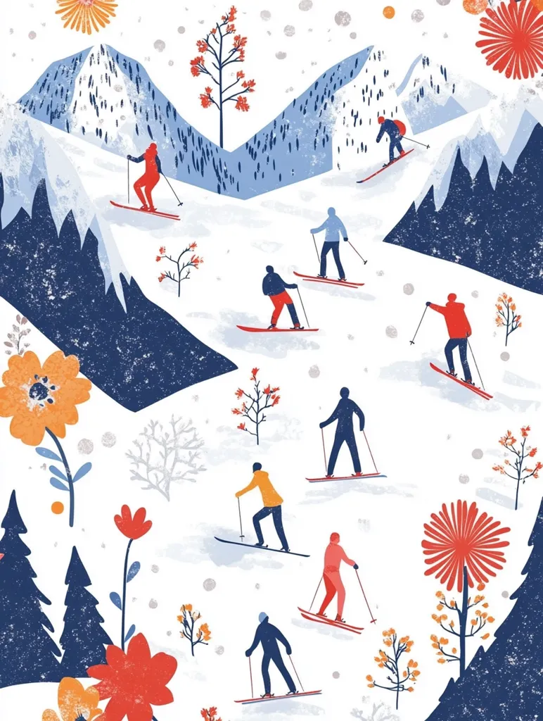 A whimsical illustration depicts skiers enjoying a snowy mountain landscape.  Stylized figures in red and orange ski across gently sloping hills, rendered in textured blue and white.  The scene is dotted with simple floral motifs in vibrant orange and red, contrasting with the cool tones of the mountains and snow. Small, decorative trees add to the charming, almost folk-art aesthetic. The overall style is playful and reminiscent of a children's book illustration or textile print.