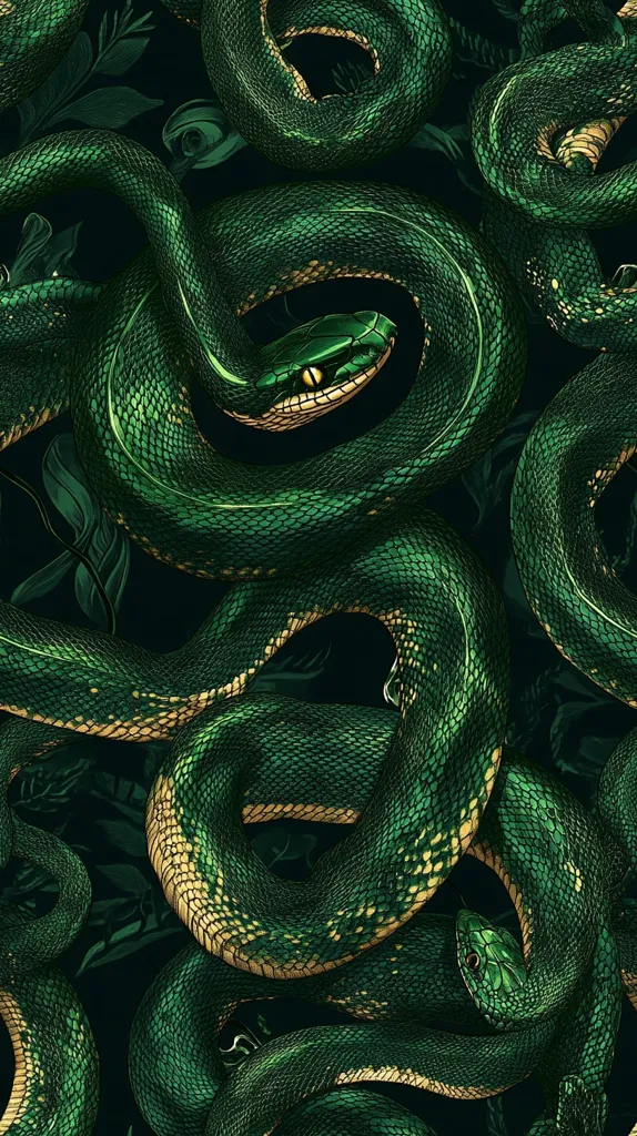 Here's a description of the image:

The image is a close-up, detailed illustration or photograph of a dense tangle of emerald green snakes. Their scales are intricately rendered, showing a subtle lighter, almost yellowish, undertone along the edges of each scale.  The snakes are intertwined, creating a complex pattern against a dark, almost black background hinted with muted green foliage. One snake's head is prominently visible, its eye gleaming with a yellow iris. The overall effect is one of lush, almost jewel-toned darkness, emphasizing the snakes' texture and the intensity of their green coloring.