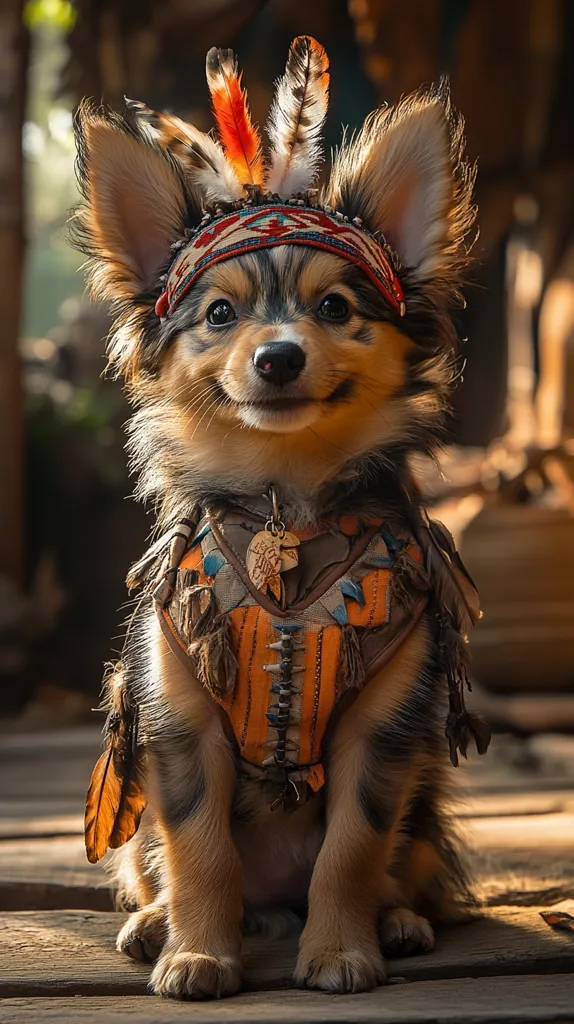 Here's a description of the image:

A charming, small dog, possibly a Papillon mix, is the focal point, seated on a weathered wooden surface.  The dog is adorned in a Native American-inspired costume, complete with a headdress featuring vibrant red and white feathers, and a decorative vest with fringed accents.  The vest is predominantly orange with tan and brown detailing, giving the impression of handcrafted artistry. The dog gazes directly at the viewer, its expression gentle and serene, adding to the overall captivating charm of the photograph. The background is blurred, suggesting a rustic, outdoor setting bathed in warm, golden light.